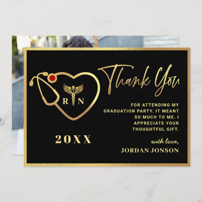 Gold Black Modern Nursing School Graduation Thank You Card (Front/Back)