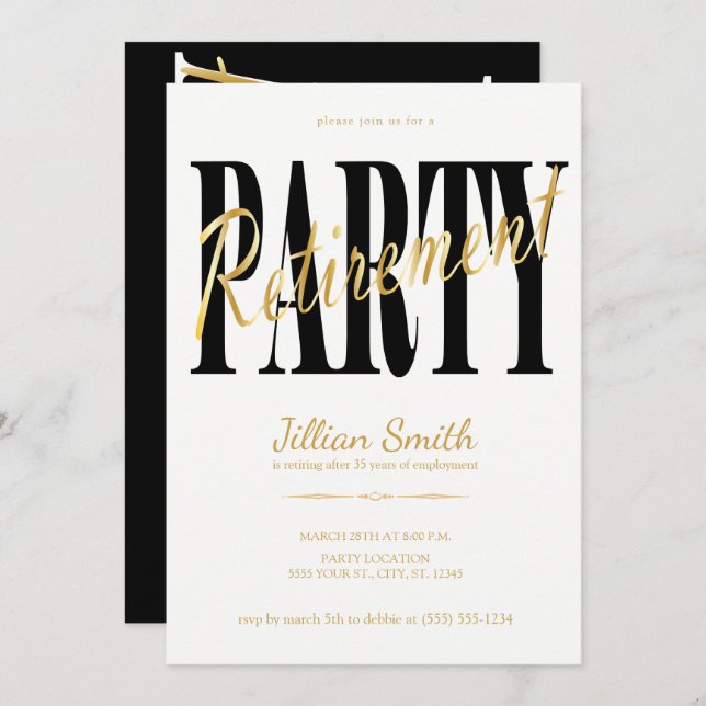 Gold & Black, Modern Retirement Party Invitations (Front/Back)