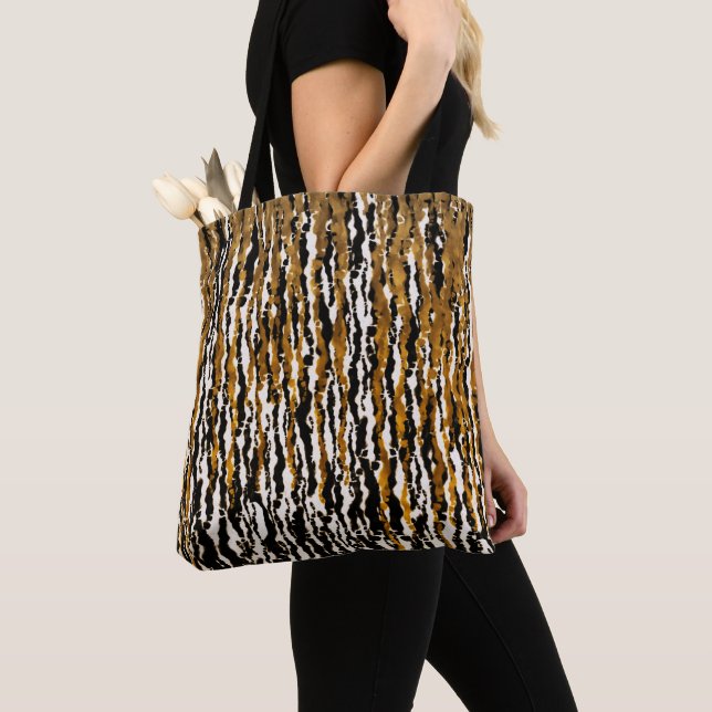 Gold & Black Modern Safari Rain Jungle Glam Tote Bag (Close Up)