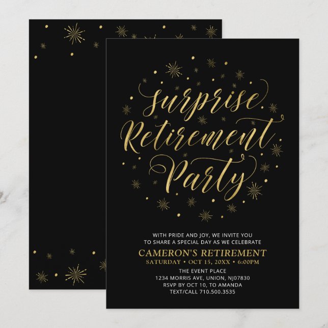 Gold & Black | Modern Surprise Retirement Party Invitation (Front/Back)