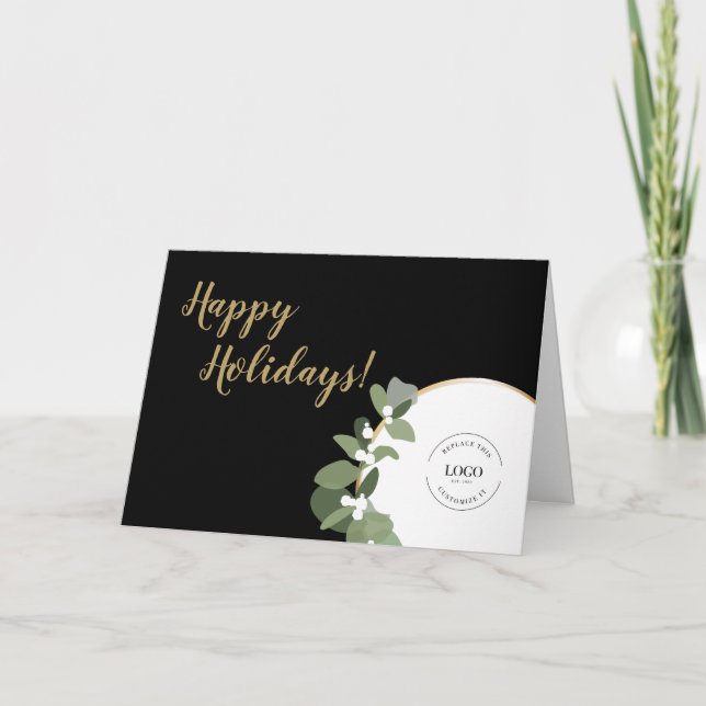 Gold black Modern Wreath Your Logo Business Happy Holiday Card (Front)
