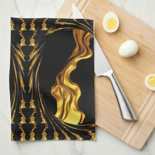 Gold Black Monochrome Design Opulent Swirl Liquid Tea Towel
