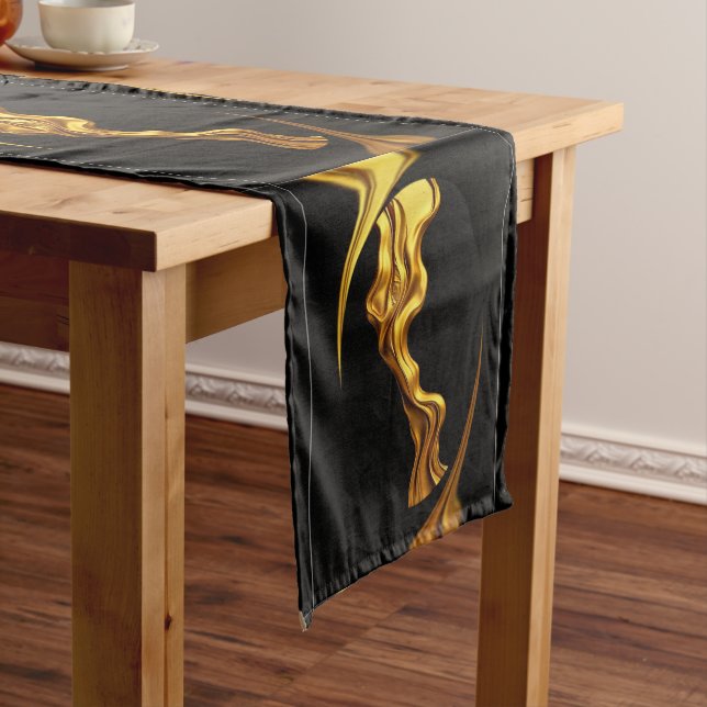 Gold Black Monochrome Opulent Swirl Liquid Designe Medium Table Runner (In Situ)