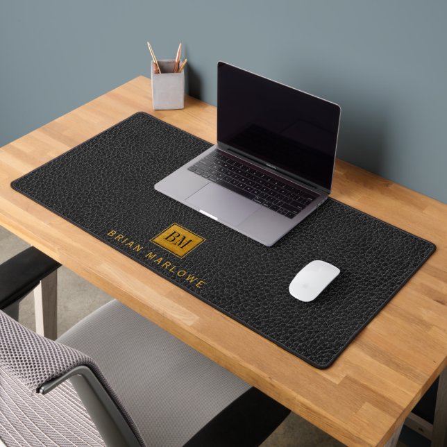 Gold Black Monogram Black Faux Leather  Desk Mat (Office 2)