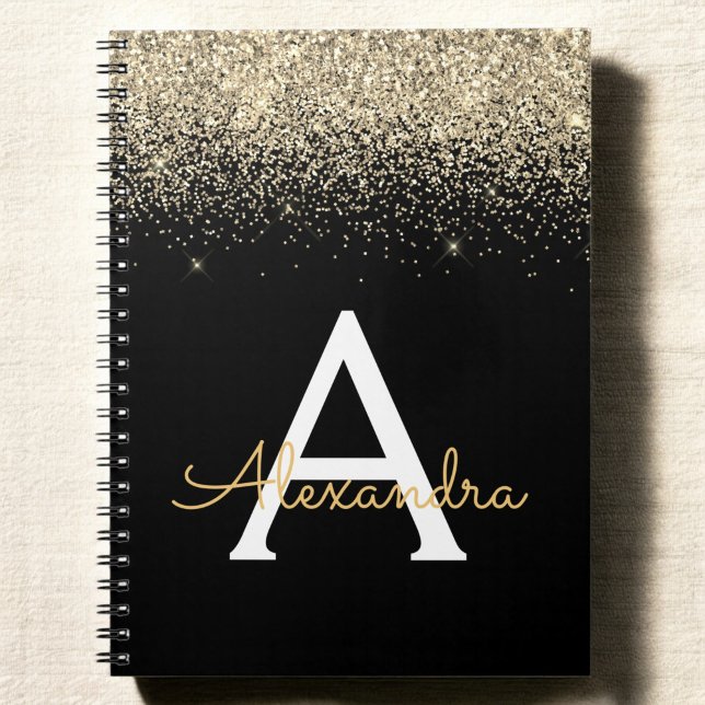 Gold Black Monogram Black Glitter Modern Notebook (Creator Uploaded)