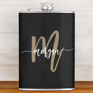 Gold Black Monogram Elegant Modern Hip Flask