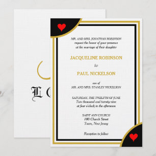 Gold Black Monogram Geometric Wedding Red Hearts Invitation