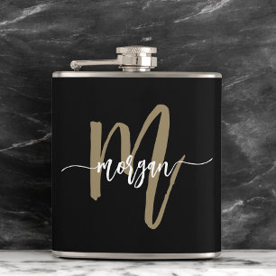 Gold Black Monogram Girl's Bachelorette Party Hip Flask