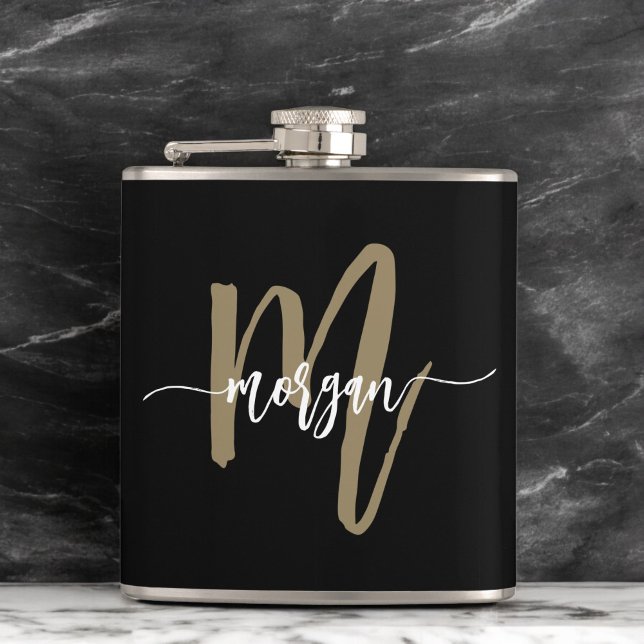 Gold Black Monogram Girl's Bachelorette Party Hip Flask (Creator Uploaded)