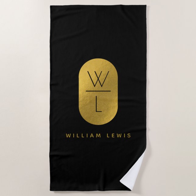 Gold & Black Monogram Modern Minimalist  Beach Towel (Front)
