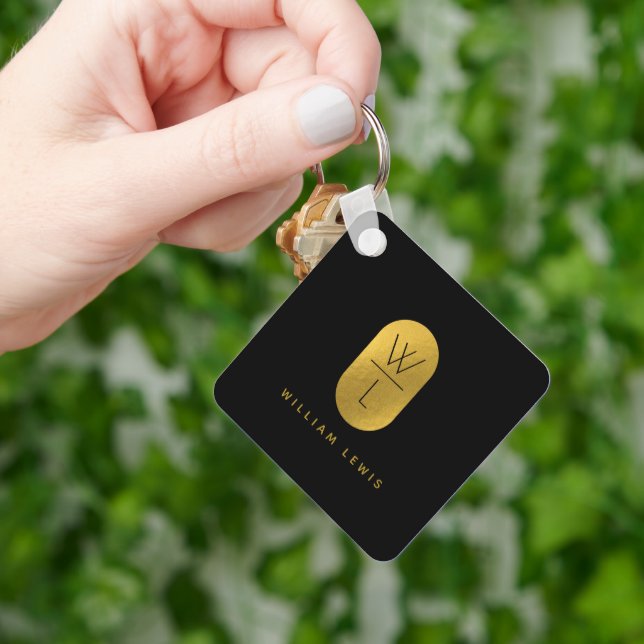 Gold & Black Monogram Modern Minimalist  Key Ring (Hand)