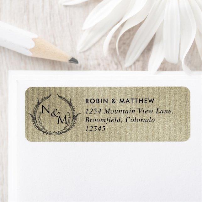Gold, Black Monogram Wedding Return Address Label (Insitu)