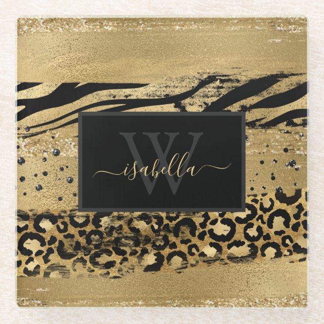 Gold Black Monogrammed Glass Coaster (Front)