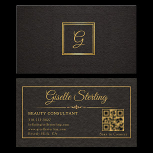 Gold Black Monogrammed QR Code Professional Business Card