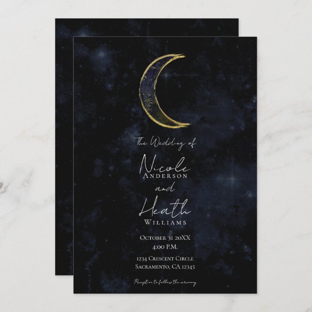 Gold Black Moon Celestial Night Starry Wedding  Invitation (Front/Back)