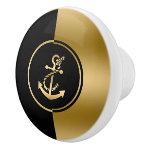 Gold & Black Nautical Boat Anchor Geometric Design Ceramic Knob