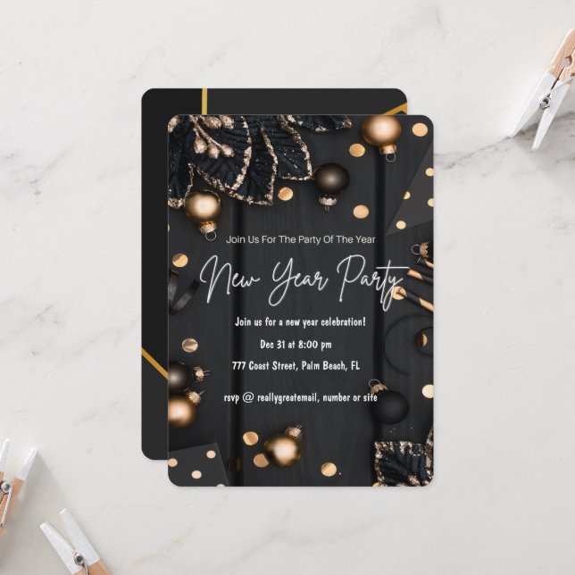 Gold Black New Year Party Elegant Custom Invitation (Front/Back In Situ)