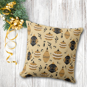 Gold Black Nordic Christmas Tree Bulbs Pattern Cushion