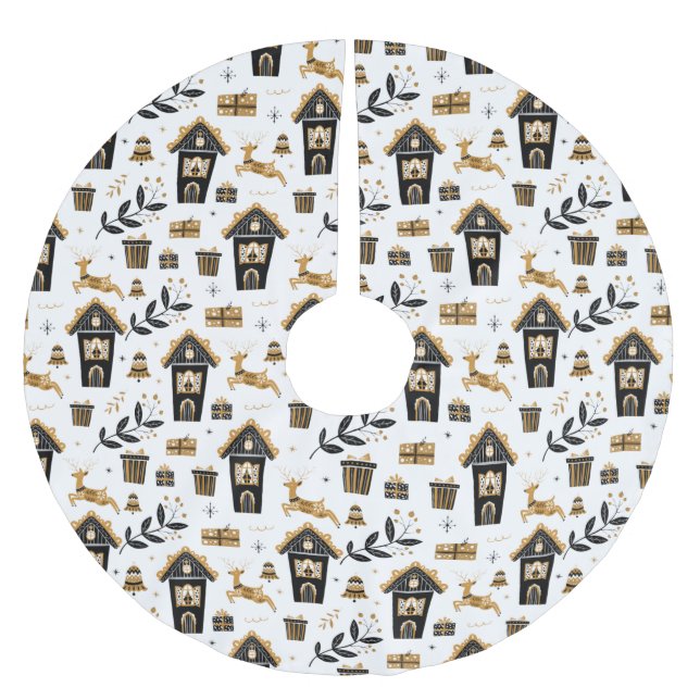 Gold Black Nordic Reindeer House Christmas  Brushed Polyester Tree Skirt (Front)