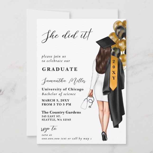 Gold Black Nurse Photo She Did It Graduation Invitation (Front)