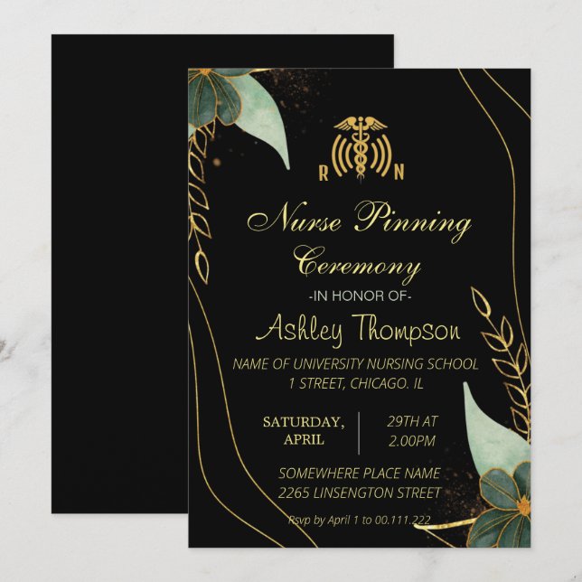 Gold Black Nursing Pinning Ceremony Invitations (Front/Back)