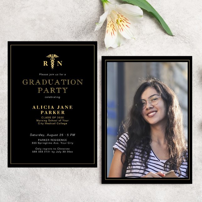 Gold black nursing school elegant photo graduation invitation (Creator Uploaded)