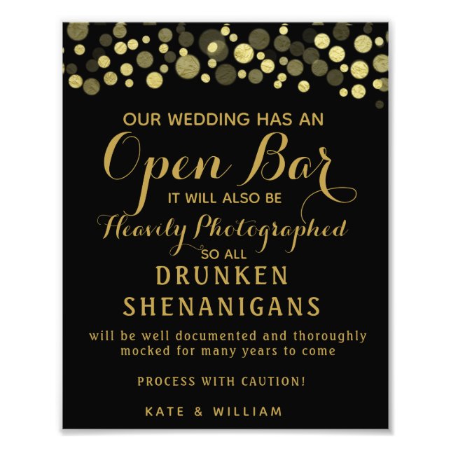 Gold & Black Open Bar wedding sign (Front)