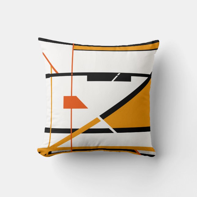 Gold Black Orange on White Geometric Design Cushion (Front)