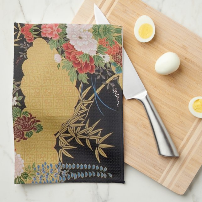 Gold Black Oriental Japanese Kimono Floral Kitchen Tea Towel (Quarter Fold)