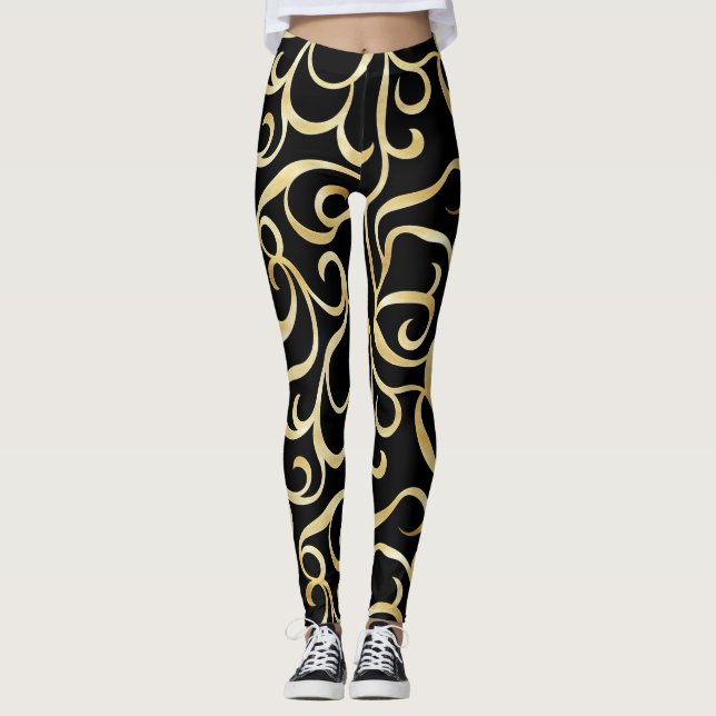 Gold Black Ornamental Pattern Leggings (Front)