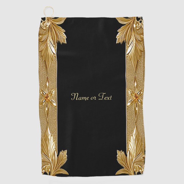 Gold Black Ornate Floral Golf Towel (Front)