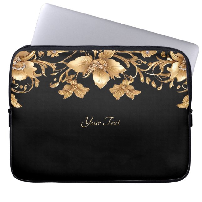 Gold Black Ornate Floral Laptop Sleeve (Front)