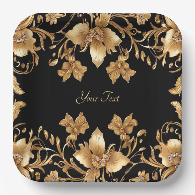 Gold Black Ornate Floral Paper Plate (Front)