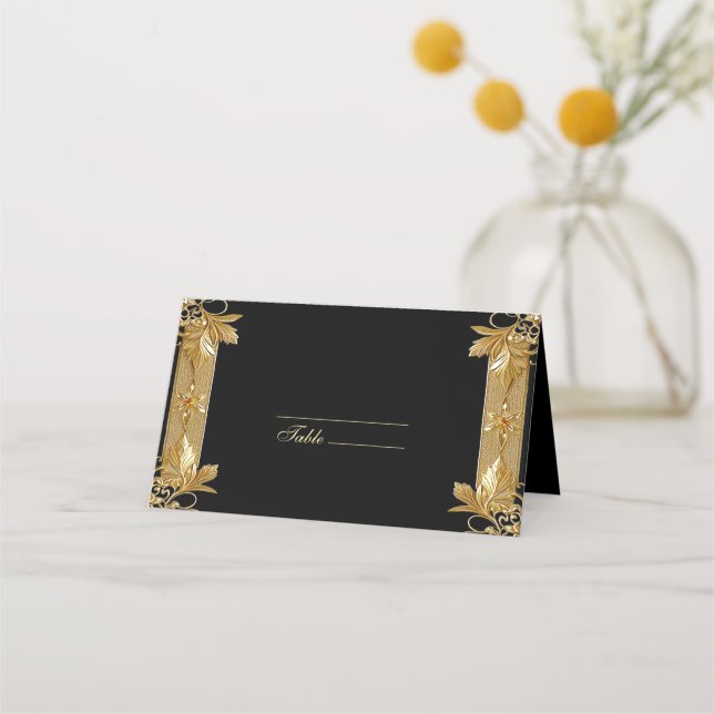 Gold Black Ornate Floral Place Card (Front)