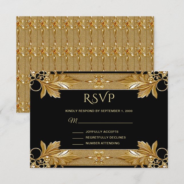 Gold Black Ornate Floral RSVP Card (Front/Back)