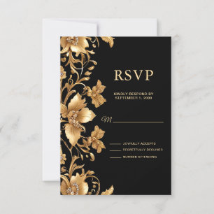 Gold Black Ornate Floral RSVP Card