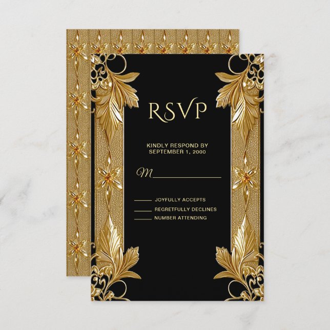Gold Black Ornate Floral RSVP Card (Front/Back)