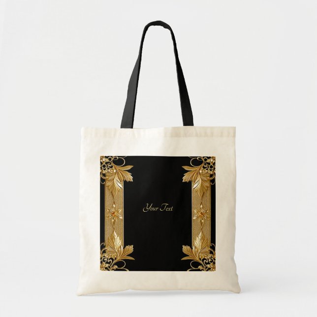 Gold Black Ornate Floral Tote Bag (Front)