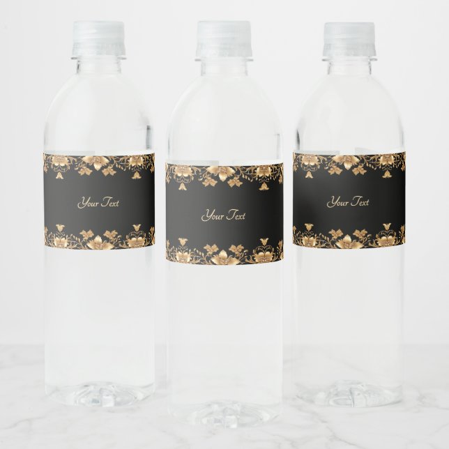 Gold Black Ornate Floral Water Bottle Label (Bottles)