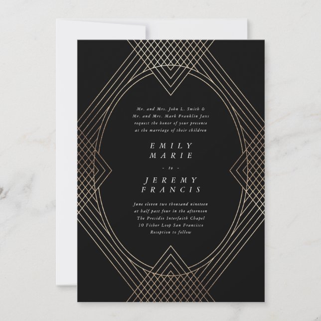 Gold Black Oval Geometric Simple Modern Gatsby Invitation (Front)