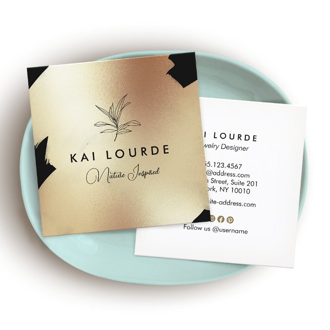 Gold Black Painted Abstract  Leaf Branch Square Bu Business Card (Creator Uploaded)