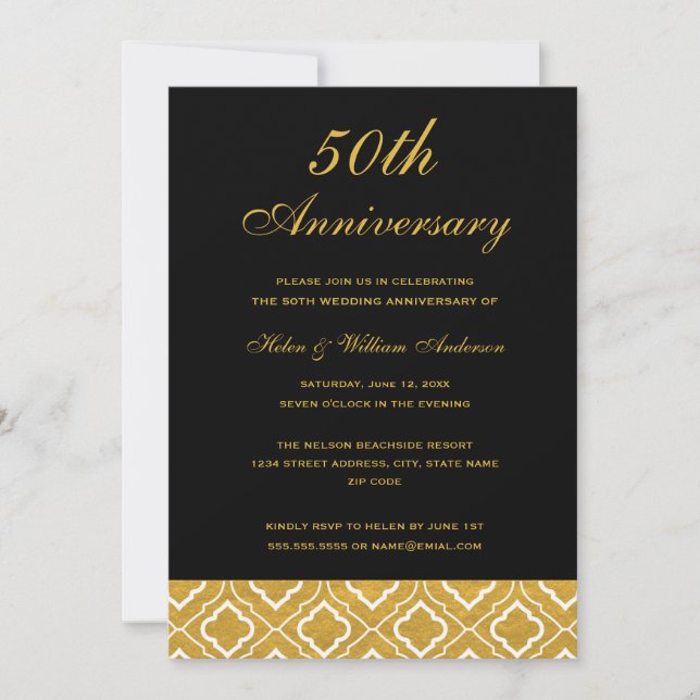 Gold Black Pattern 50th Wedding Anniversary Invitation (Front)