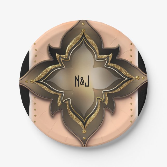 Gold Black & Peach Exotic Chic Flower Party Custom Paper Plate (Front)