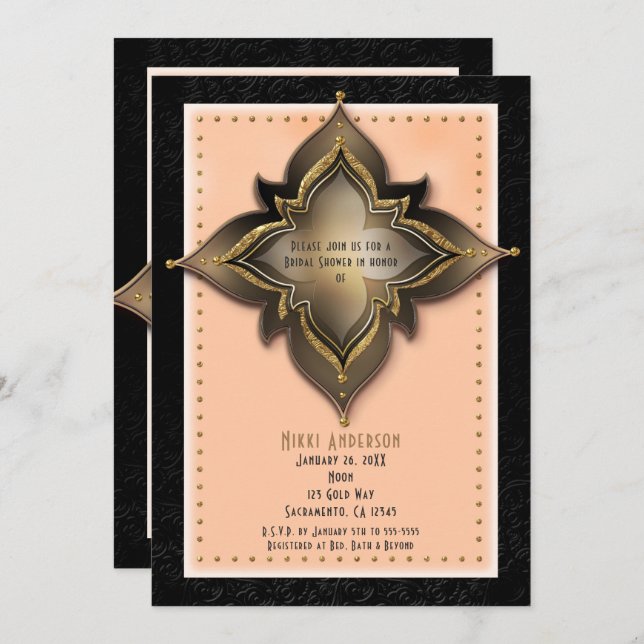 Gold Black & Peach Exotic Flower Party Invitations (Front/Back)