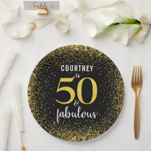 Gold black personalised 50 and fabulous bold paper plate