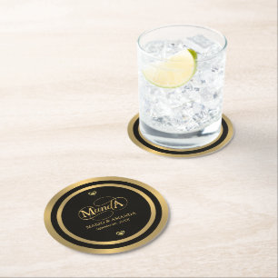 Gold Black Personalised Wedding Monogram Round Paper Coaster