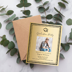 Gold black photo cap Graduation Party invitation