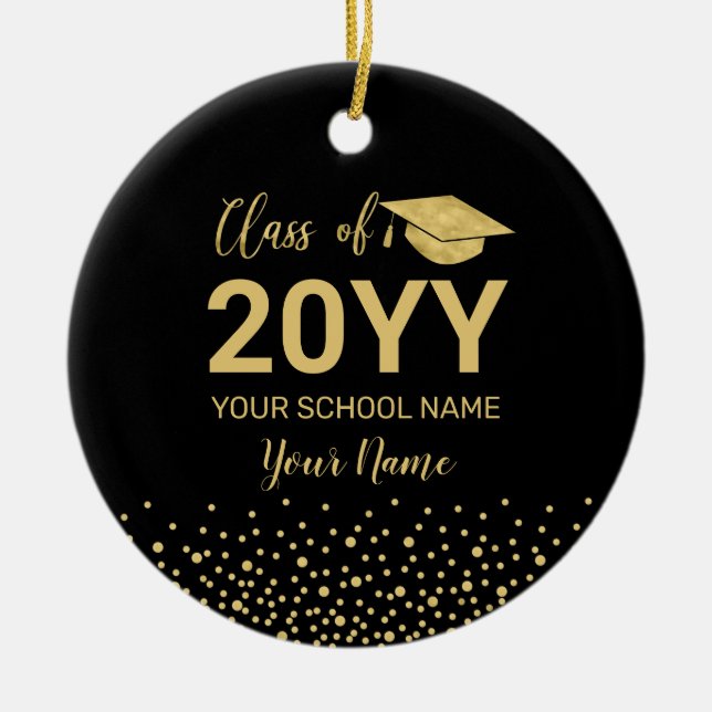 Gold & Black Photo Graduation Christmas Gift Ceramic Ornament (Front)