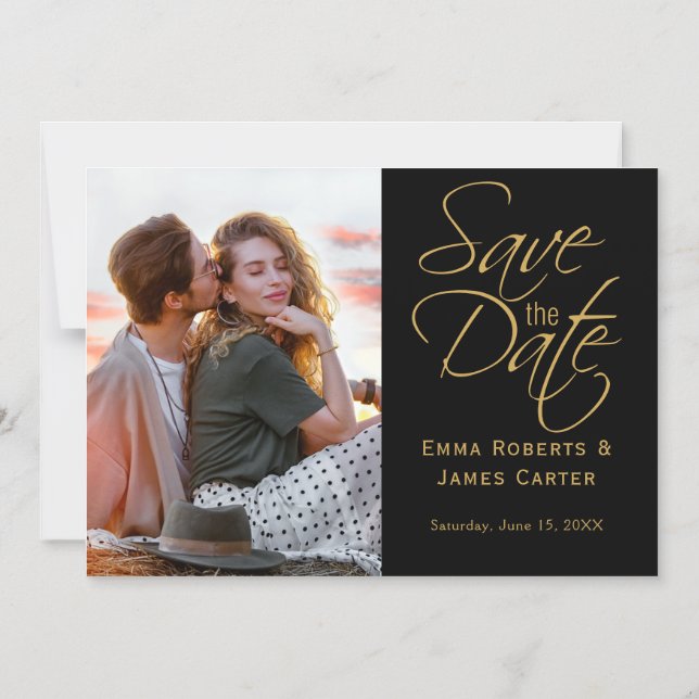 Gold & Black Photo Save the Date Magnet (Front)