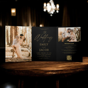 Gold Black Photo Wedding All in One QR code Tri-Fold Invitation